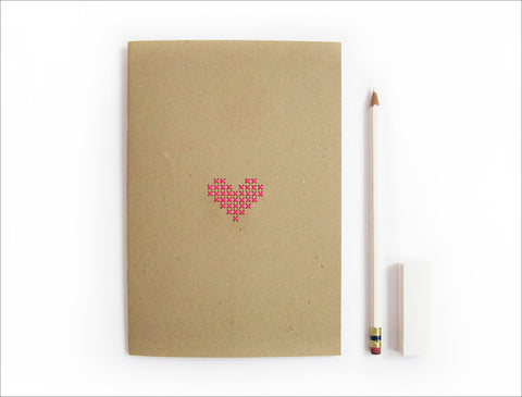 Hand stitched heart A5 Neon Pink Heart Notebook.
