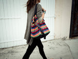 12 Juillet Paddle - Large Canvas + Leather Tote Bag (Multicolored Stripes)
