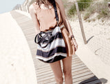 12 Juillet Paddle - Large Canvas + Leather Tote Bag (Navy + White Stripes)