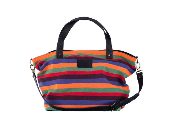 12 Juillet Paddle - Large Canvas + Leather Tote Bag (Multicolored Stripes)