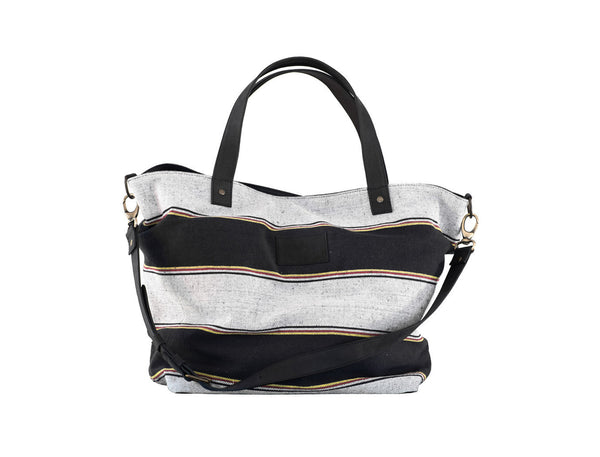 12 Juillet Paddle - Large Canvas + Leather Tote Bag (Navy + White Stripes)