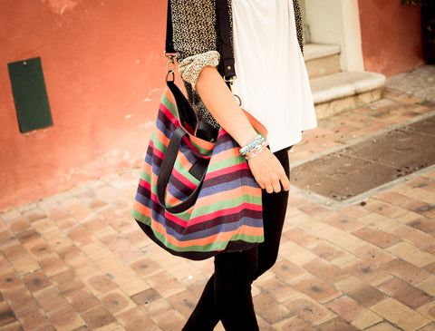 12 Juillet Paddle - Large Canvas + Leather Tote Bag (Multicolored Stripes)