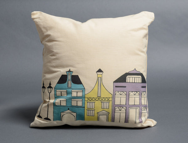Pompaleh Blue, Yellow + Purple Dutch Street Scene Decorative Pillow