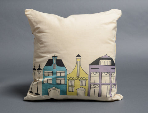 Blue, Yellow + Purple Dutch Street Scene Decorative Pillow