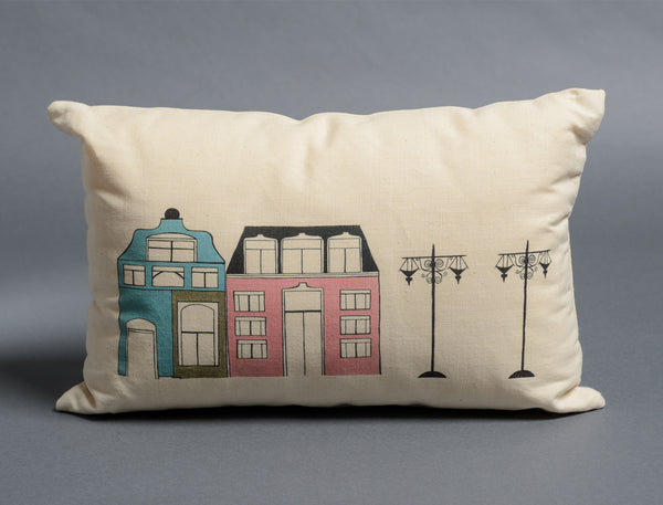 pompaleh blue and pink dutch street scene decorative pillow