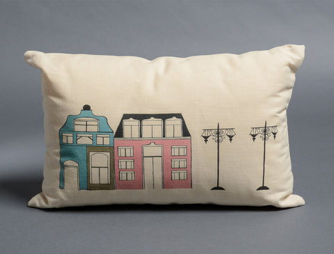 Blue + Pink Dutch Street Scene Decorative Pillow