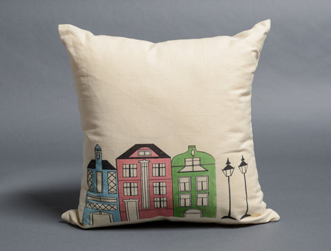 Blue, Pink + Green Dutch Street Scene Decorative Pillow