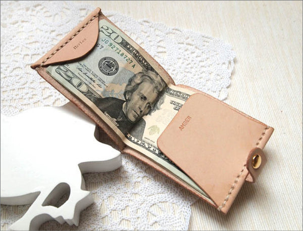 Handstitched Personalized Leather Money Clip Wallet