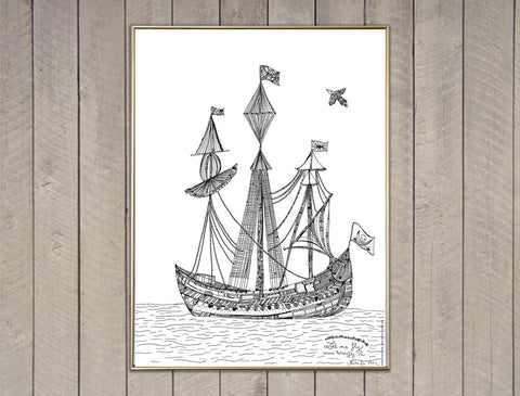 "Black Pirate Boat" Screen Print