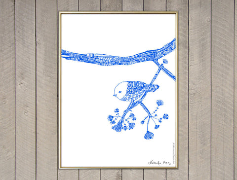 "Blue and Shy Bird" Screen Print