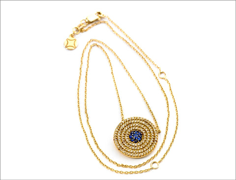18K Yellow Gold Evil Eye Necklace With Diamonds and Blue Sapphires