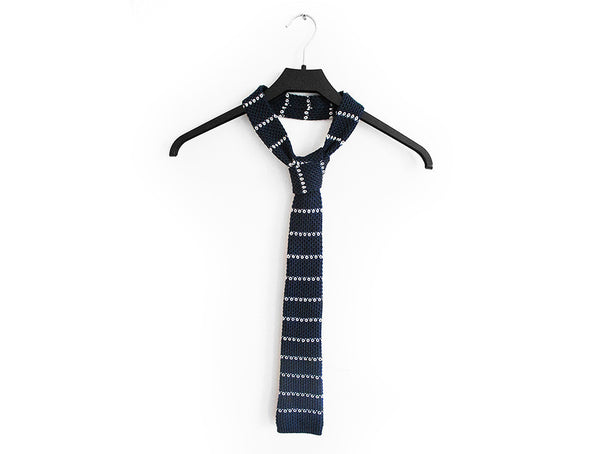Blue Knitted Necktie With White Stripes