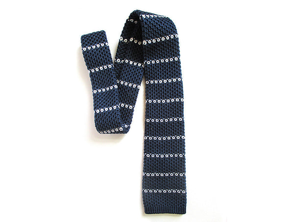 Blue Knitted Necktie With White Stripes