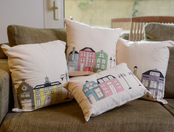 pompaleh blue and pink dutch street scene decorative pillow
