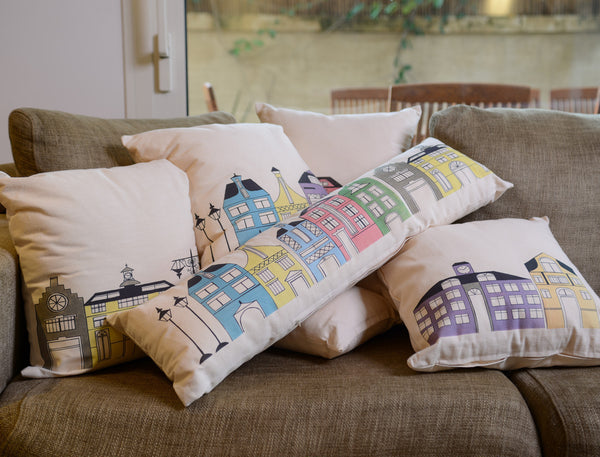 Pompaleh Blue, Yellow + Purple Dutch Street Scene Decorative Pillow