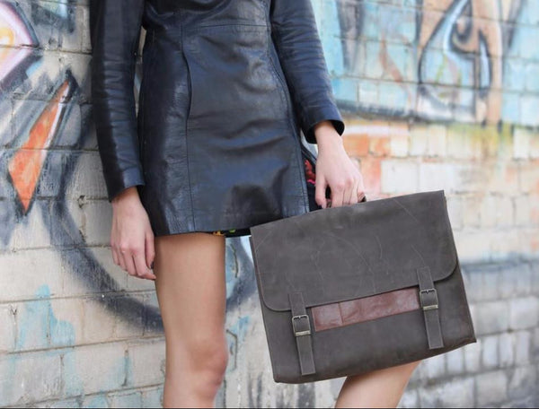 Grey and Brown Leather Satchel Bag