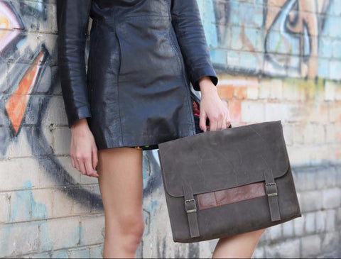 Grey and Brown Leather Satchel Bag