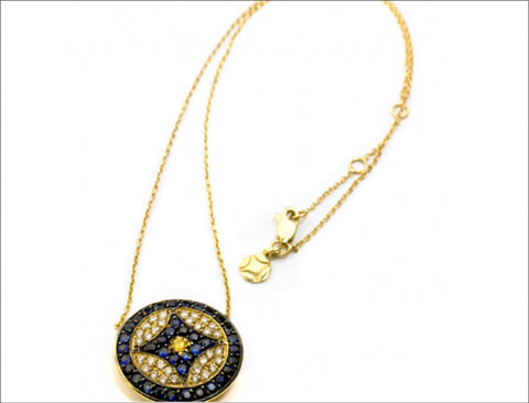 18K Yellow Gold Logo Necklace with Diamonds & Sapphires
