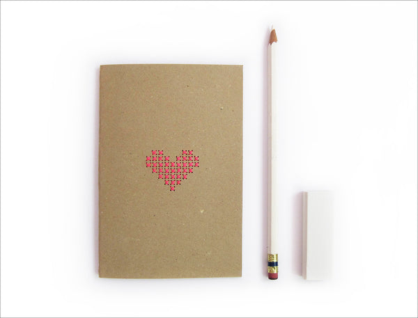 Cross stitch A6 Notebook. Hand stitched neon pink heart