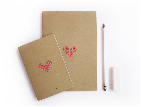 Hand stitched A5 A6 Notebooks. Set of 2 sizes, Neon Pink Cross stitch heart