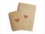 Hand stitched A5 A6 Notebooks. Set of 2 sizes, Red Cross stitch heart
