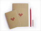 Hand stitched A5 A6 Notebooks. Set of 2 sizes, Red Cross stitch heart