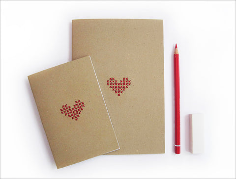 Hand stitched A5 A6 Notebooks. Set of 2 sizes, Red Cross stitch heart