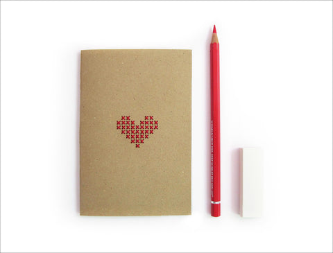 Cross stitch A6 Notebook. Hand stitched Red Heart
