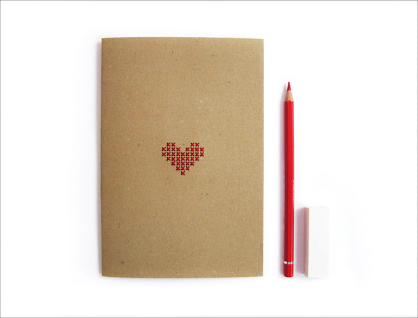 Cross stitch A5 Heart Notebook. Hand stitched Red Heart