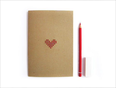 Cross stitch A5 Heart Notebook. Hand stitched Red Heart