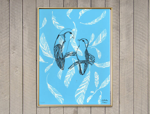"Lovebirds and Blue Feathers" Screen Print