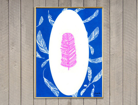 "Flash Pink Feather and Blue Background" Screen Print