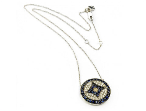 18K White Gold with Diamond & Sapphires Logo Necklace